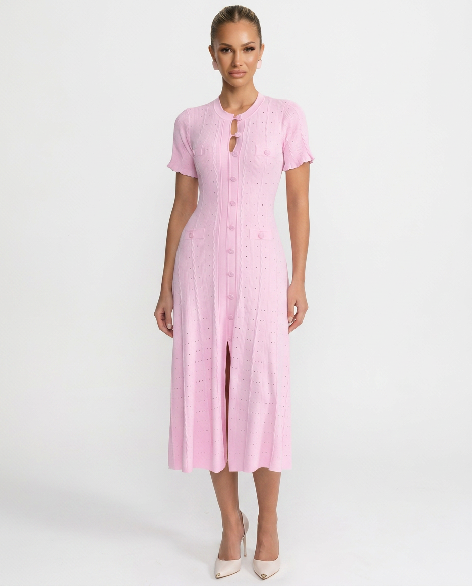 Elegant women's structured button-front midi dress, perfect for day-to-night wear. Sophisticated smart casual fashion.