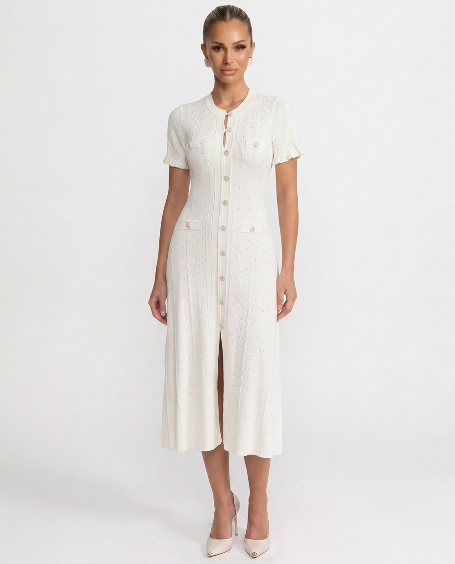Timeless women's elegant midi dress featuring a structured silhouette & stylish button-front design for all occasions.