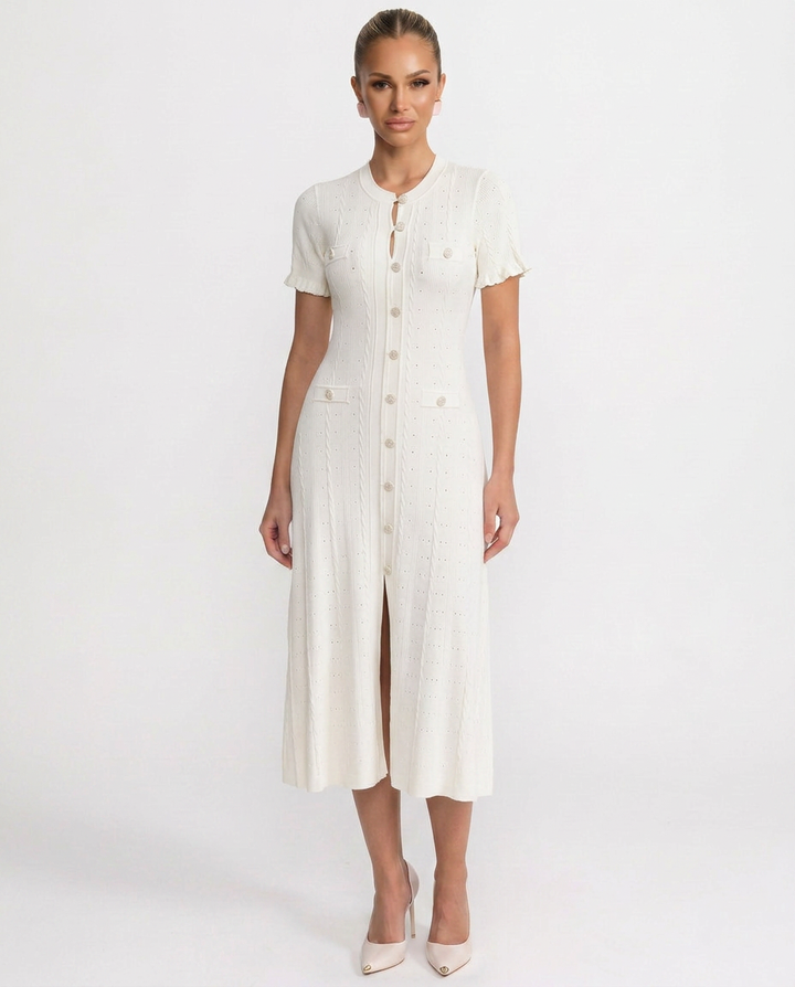 Timeless women's elegant midi dress featuring a structured silhouette & stylish button-front design for all occasions.