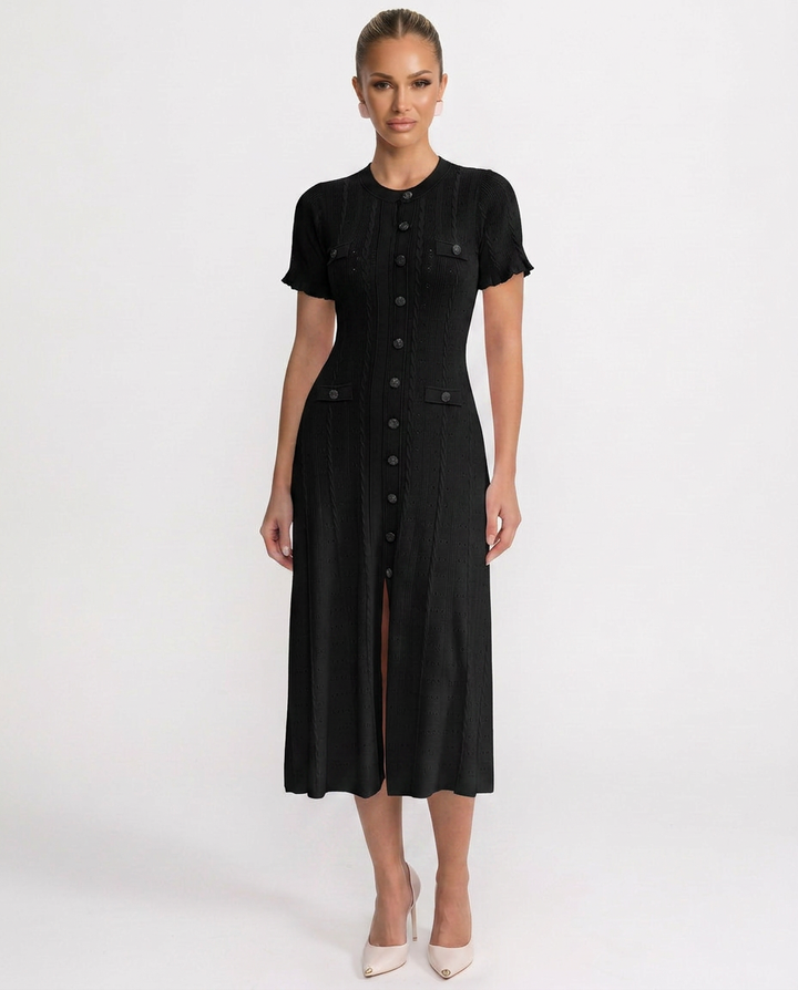 Chic women's structured button-front midi dress for a sophisticated look. Comfortable day dress or elegant event wear.