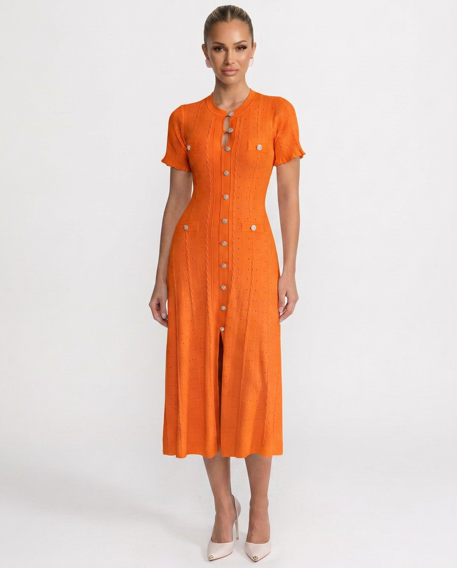 Elegant button-front midi dress for women. Structured fit makes it a versatile piece for smart casual to event fashion.