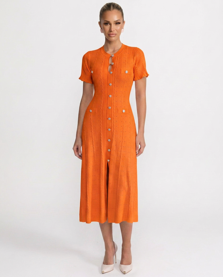 Elegant button-front midi dress for women. Structured fit makes it a versatile piece for smart casual to event fashion.