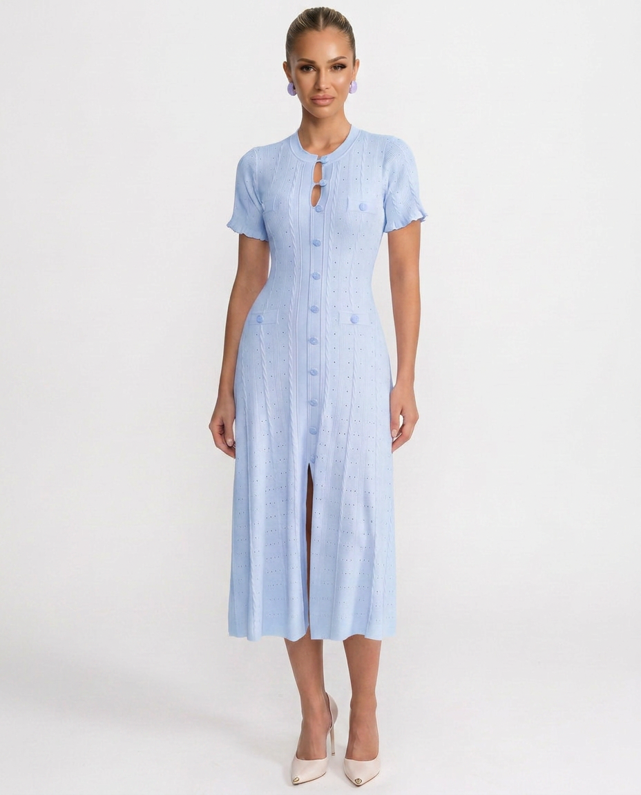 Stylish women's structured button-front midi dress. A versatile and elegant day-to-night piece for modern fashion.