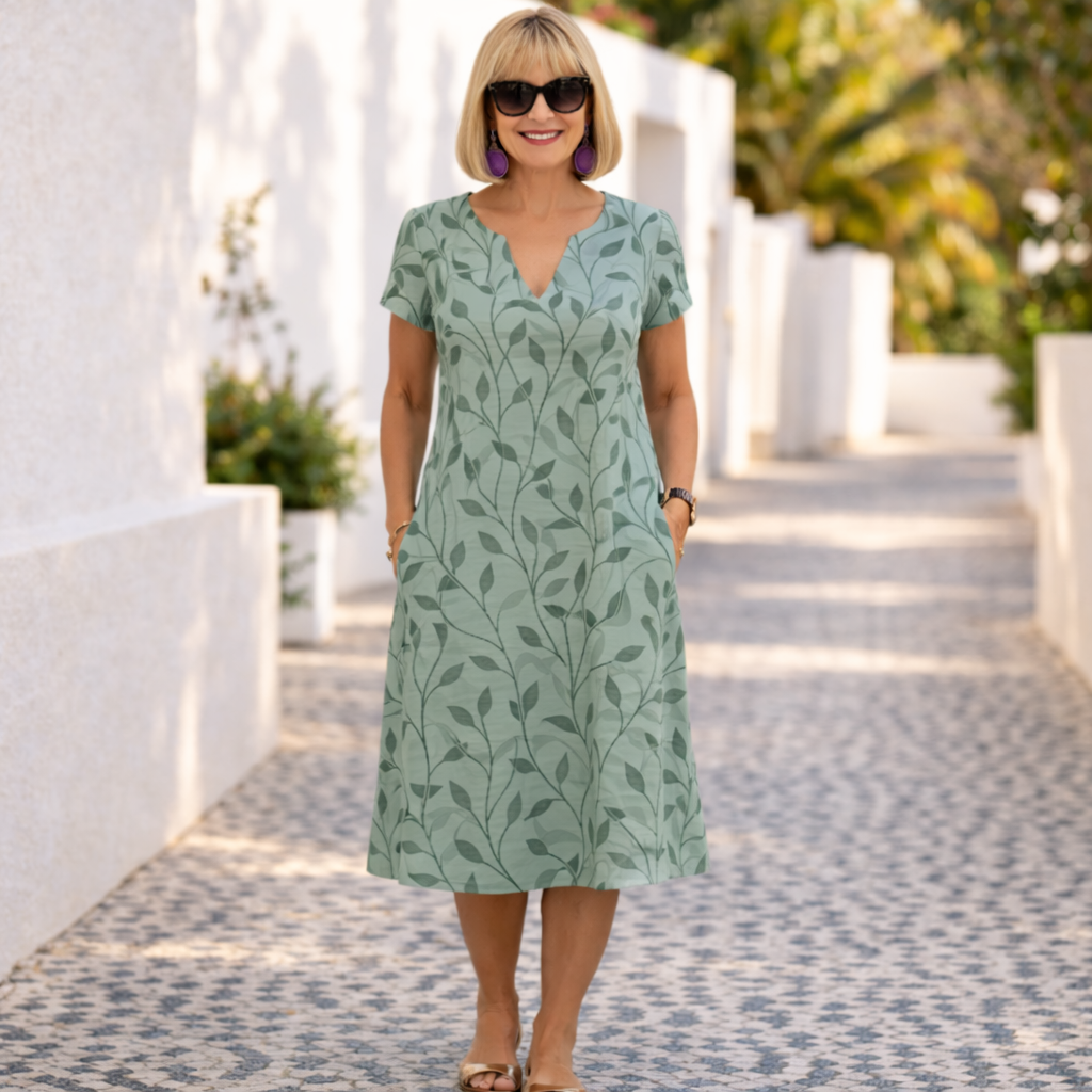 Elegant women's summer midi dress with beautiful green leaf print and flattering V-neck, perfect for casual or vacation wear.