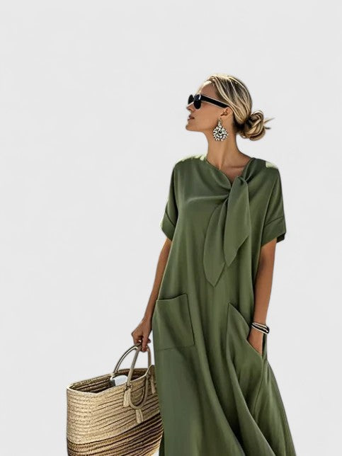 Comfortable & flowy women's midi dress with elegant tie neck. Perfect summer dress for a relaxed yet chic look.