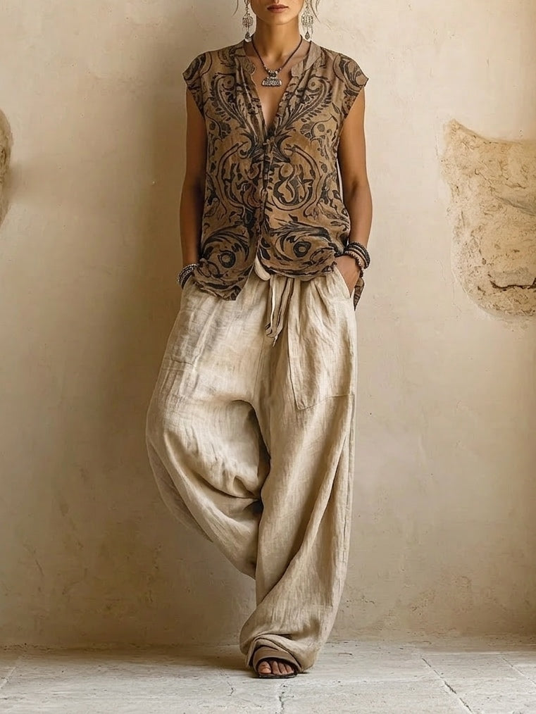Comfortable & elegant women's three-piece summer set. Includes a stylish top, matching shorts, and a lightweight cover-up.