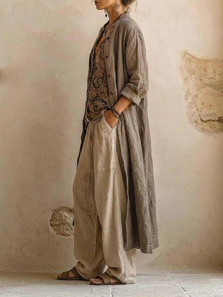 Stylish women's elegant three-piece summer outfit. A comfortable, chic set perfect for travel and casual wear.