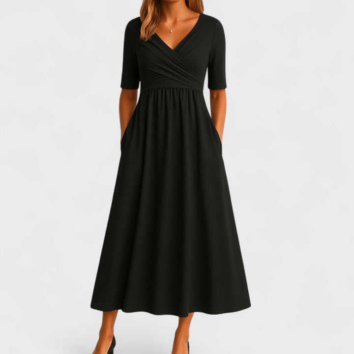 Versatile wrap midi dress for women with a flattering V-neck, ideal for work or casual wear.