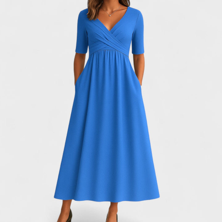 Chic women's V-neck midi dress in an elegant surplice wrap style, suitable for any event.