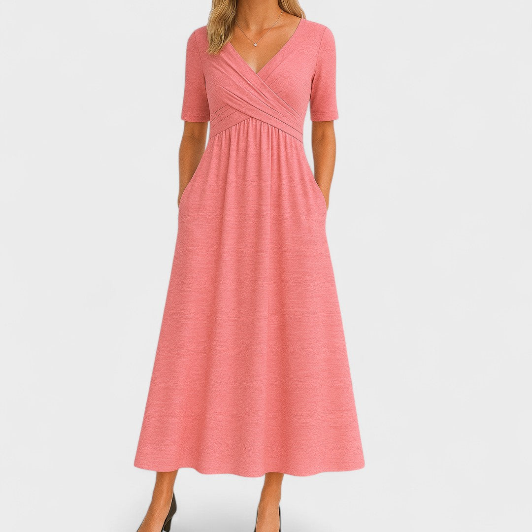Stylish women's V-neck midi dress, an elegant surplice design ideal for casual or office wear.