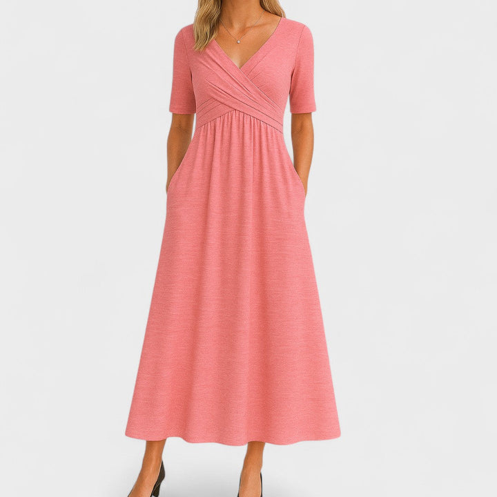 Stylish women's V-neck midi dress, an elegant surplice design ideal for casual or office wear.