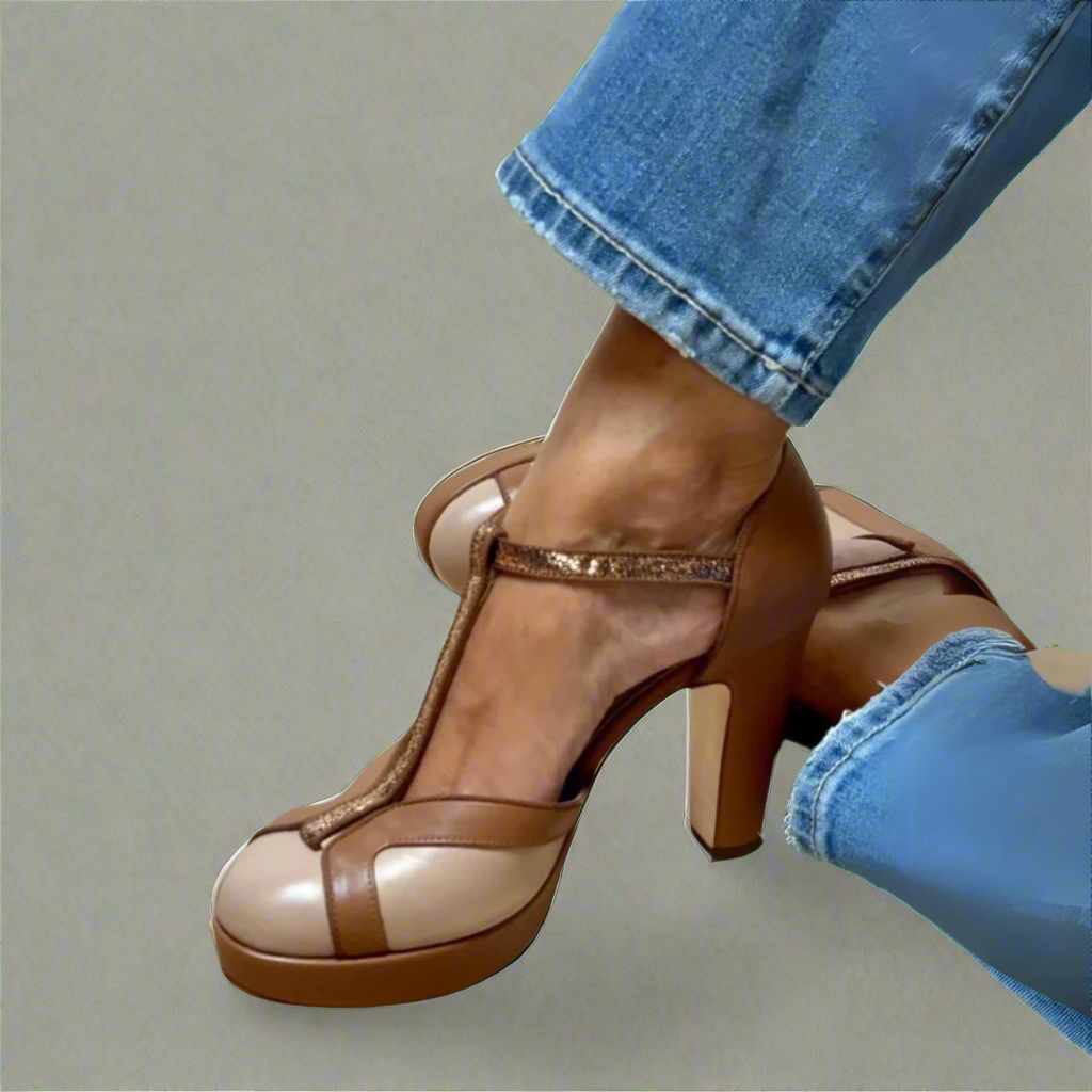 Elegant women's T-strap platform block heels with ankle strap. Comfortable fashion dress shoes for formal events.