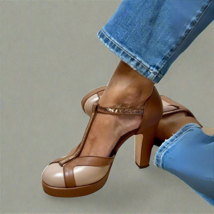 Elegant women's T-strap platform block heels with ankle strap. Comfortable fashion dress shoes for formal events.
