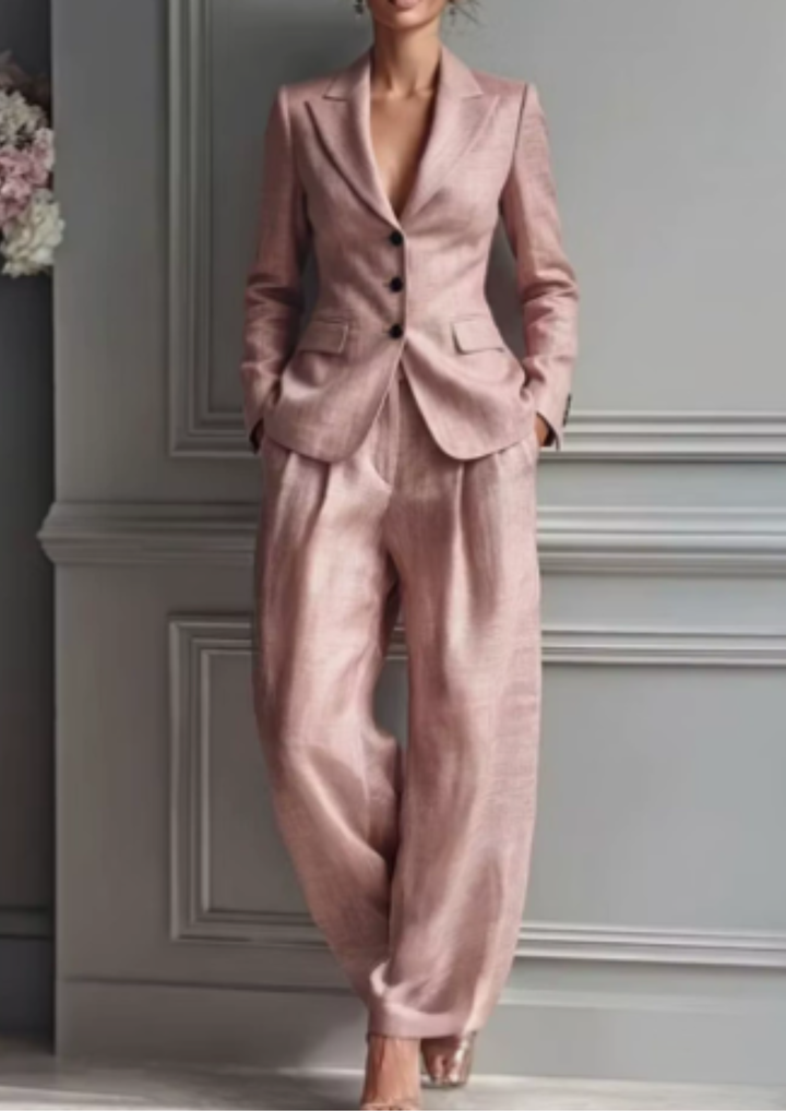 Elegant women's tailored collared blazer & pleated wide-leg pant set. Perfect matching two-piece fashion for work.