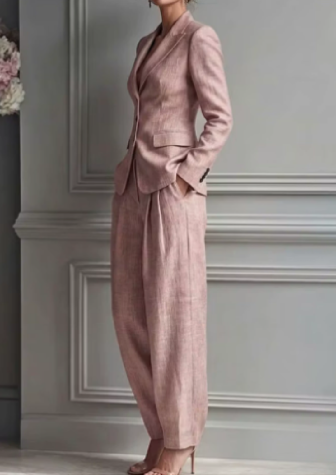 Stylish women's two-piece tailored pant set with a collared blazer and wide-leg pleated trousers. Elegant & modern.