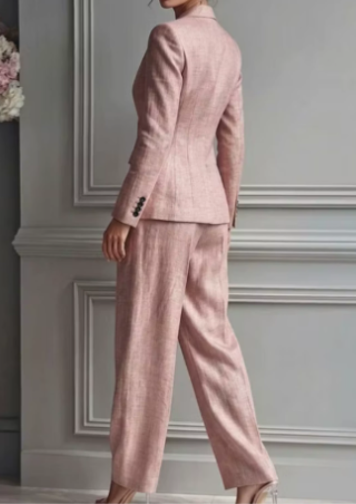 Women's tailored blazer & pleated wide-leg pant set. Sophisticated matching outfit for professional or casual wear.