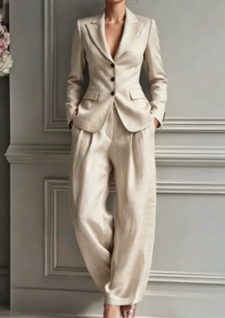 Fashionable women's collared blazer & wide-leg pleated trousers set. A chic and comfortable two-piece tailored outfit.