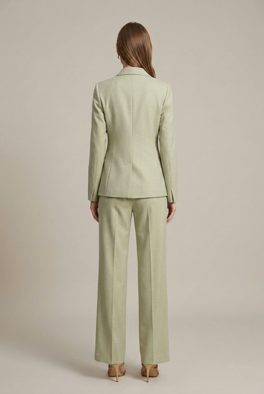 Stylish women's two-piece pant suit set. Tailored single-breasted blazer & trousers, ideal for business casual.