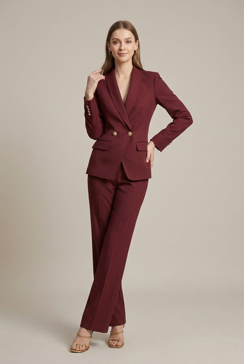 Sophisticated women's tailored pant suit. Elegant single-breasted blazer & trousers, perfect for formal events.