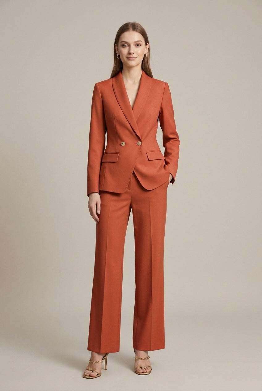 Chic women's pant suit for office wear. Tailored single-breasted blazer & trousers, offering professional style.