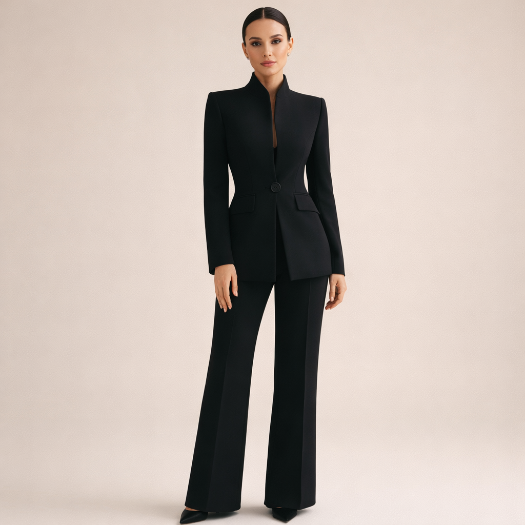 Elegant women's tailored suit set: collarless jacket & straight-leg pants. Perfect professional business attire.