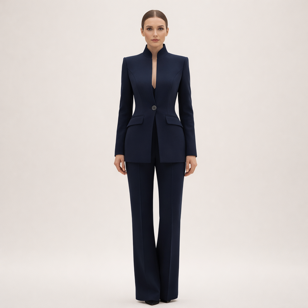 Stylish women's business suit featuring a collarless tailored jacket & elegant straight-leg pants. Professional.