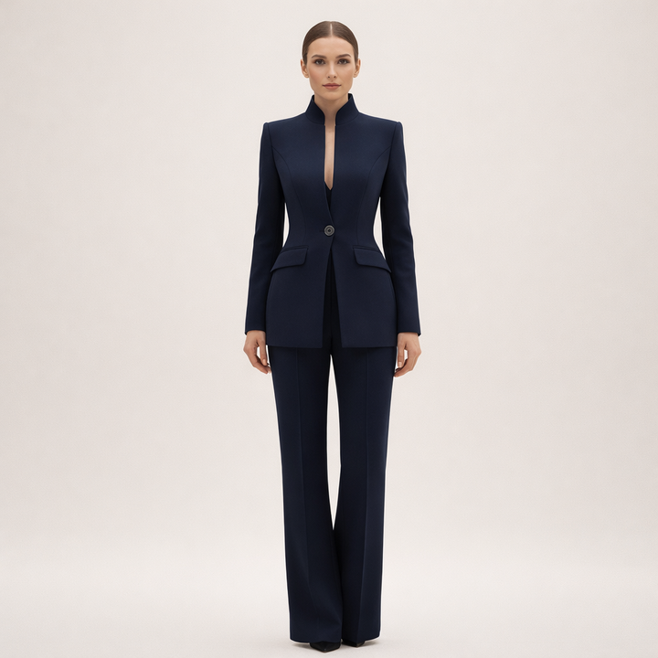 Stylish women's business suit featuring a collarless tailored jacket & elegant straight-leg pants. Professional.