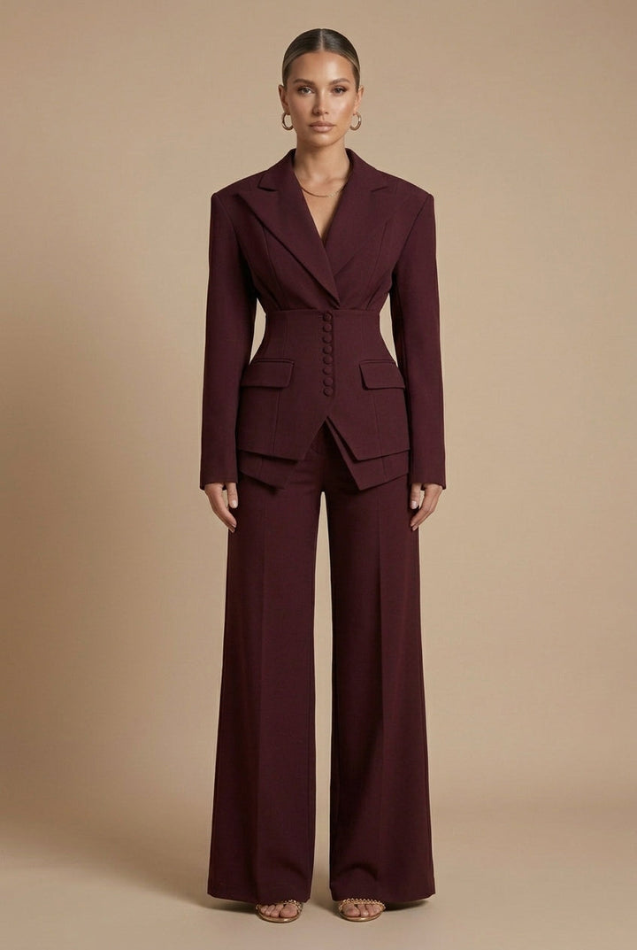 Elegant women's tailored two-piece suit with peaked lapel blazer and wide-leg trousers. Chic business attire.