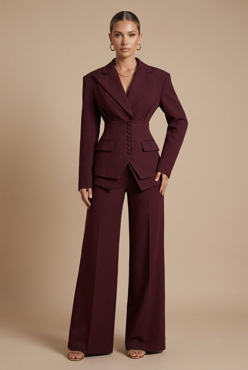 Stylish women's two-piece suit with peaked lapel blazer & wide-leg trousers. Perfect for office fashion & formal wear.