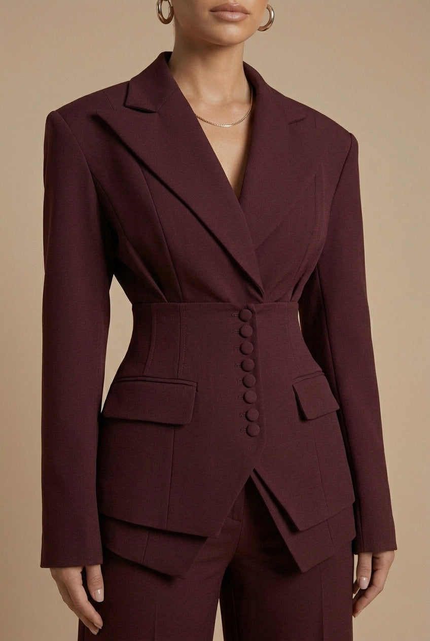 Women's tailored set: sophisticated peaked lapel blazer and elegant wide-leg trousers for professional outfits.