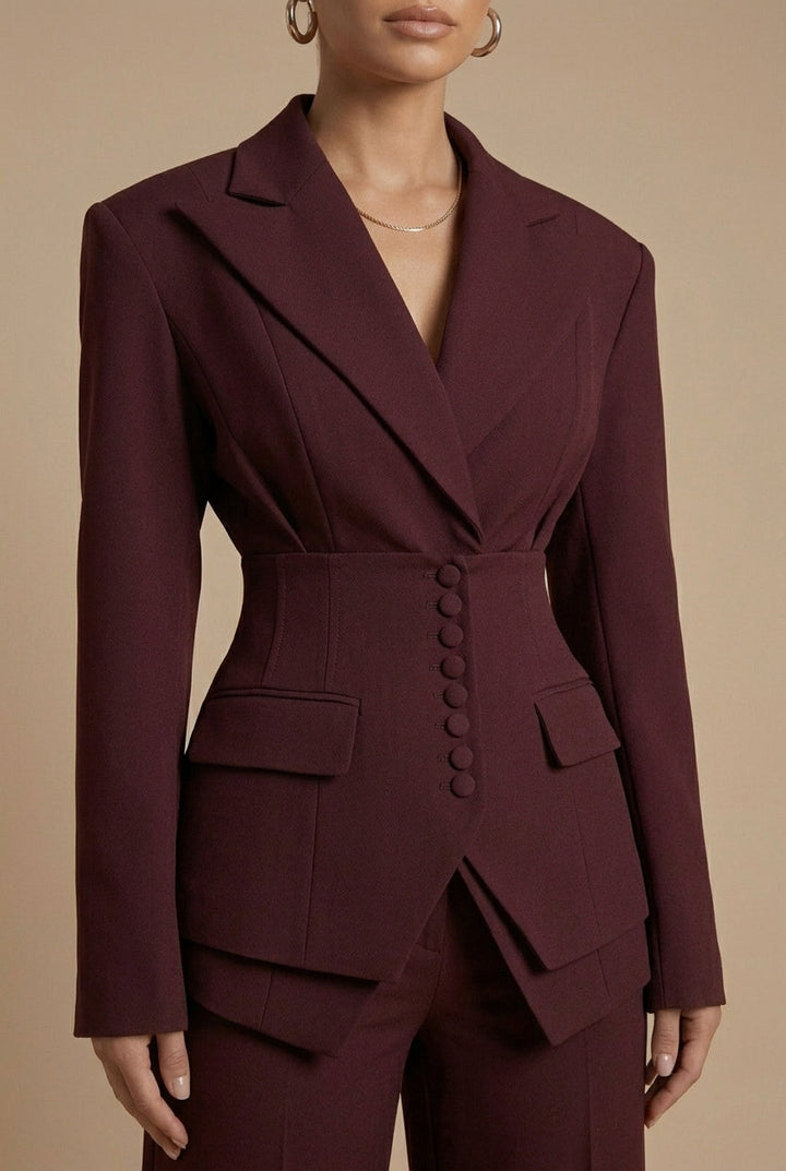 Women's tailored set: sophisticated peaked lapel blazer and elegant wide-leg trousers for professional outfits.