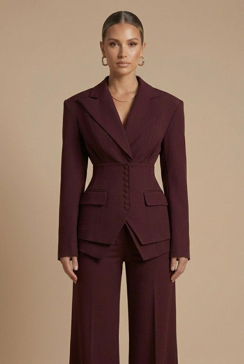 Chic women's tailored suit, a two-piece set with a peaked lapel blazer and trendy wide-leg pants. Business ready.