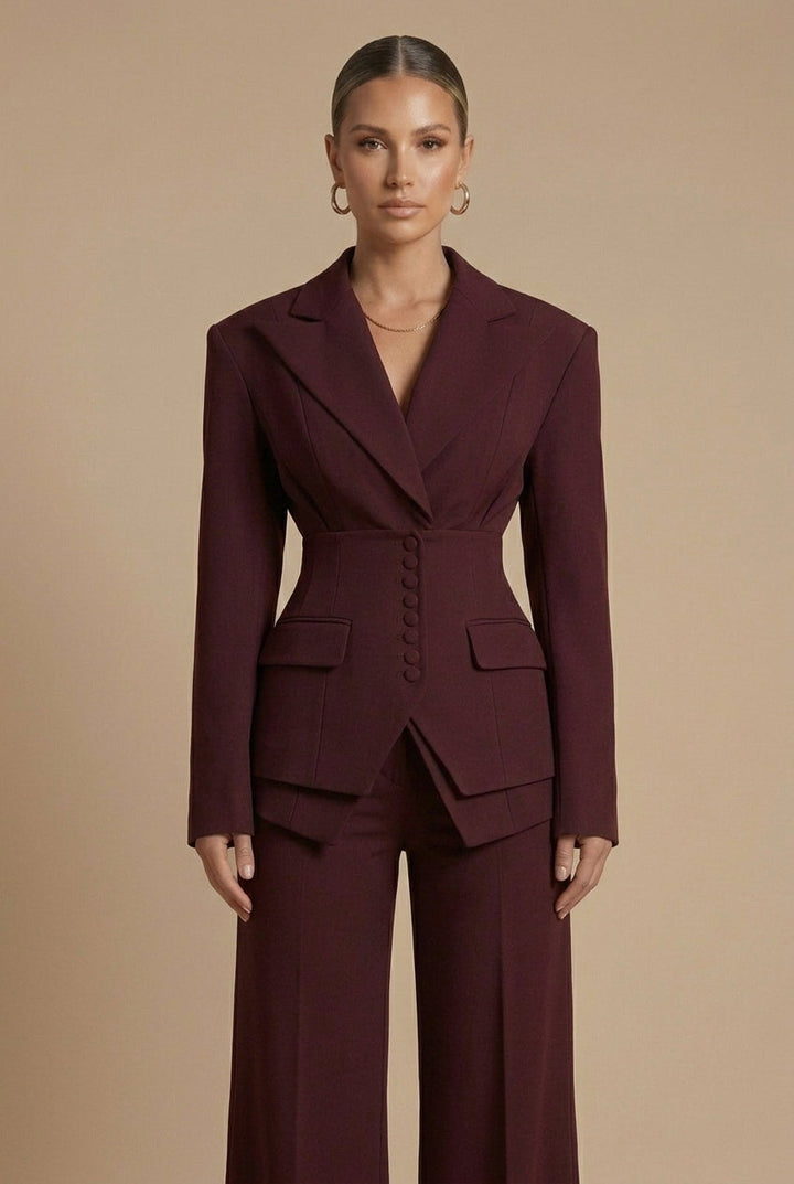 Chic women's tailored suit, a two-piece set with a peaked lapel blazer and trendy wide-leg pants. Business ready.