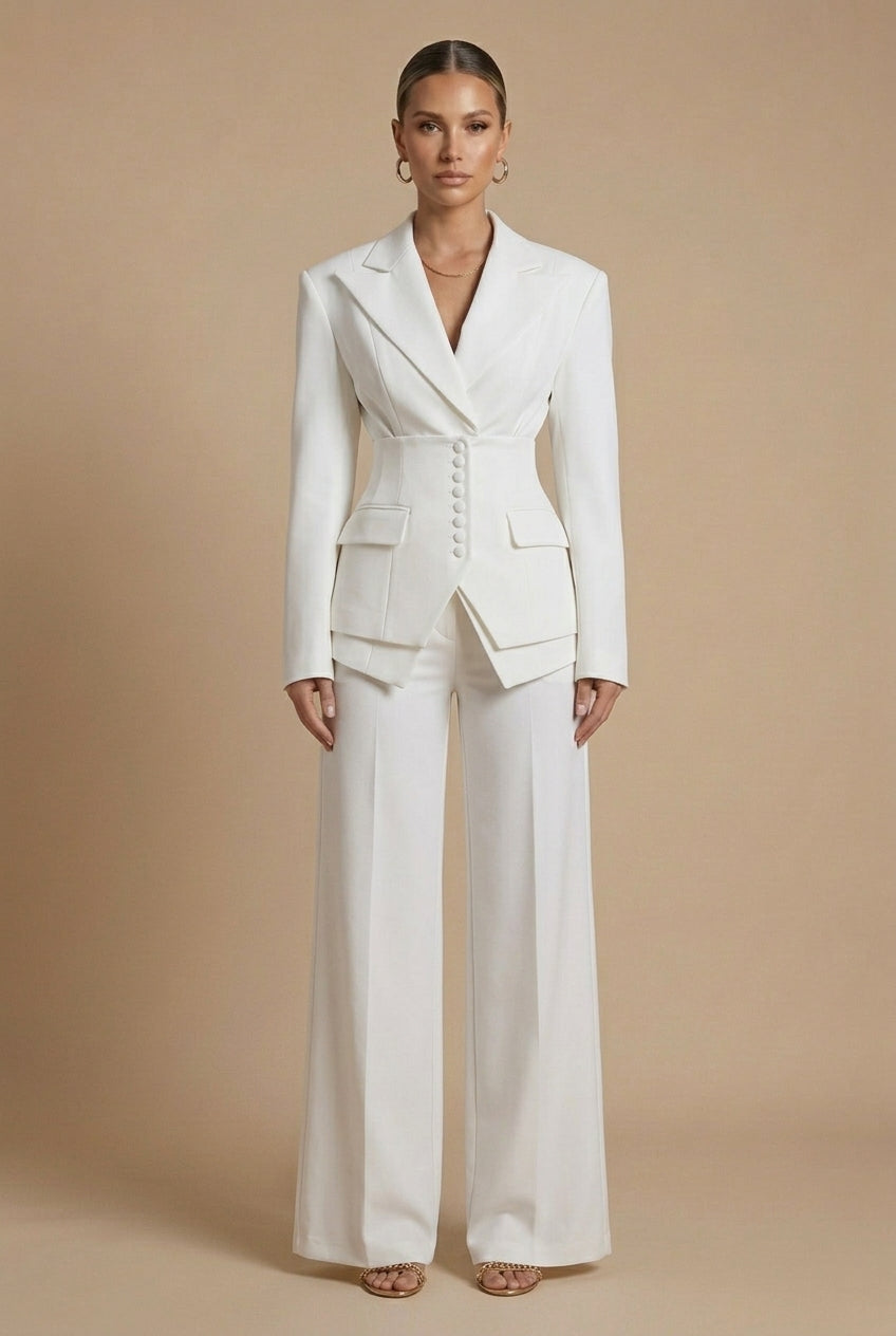 Classic women's tailored two-piece suit featuring a peaked lapel blazer and wide-leg trousers. Professional look.