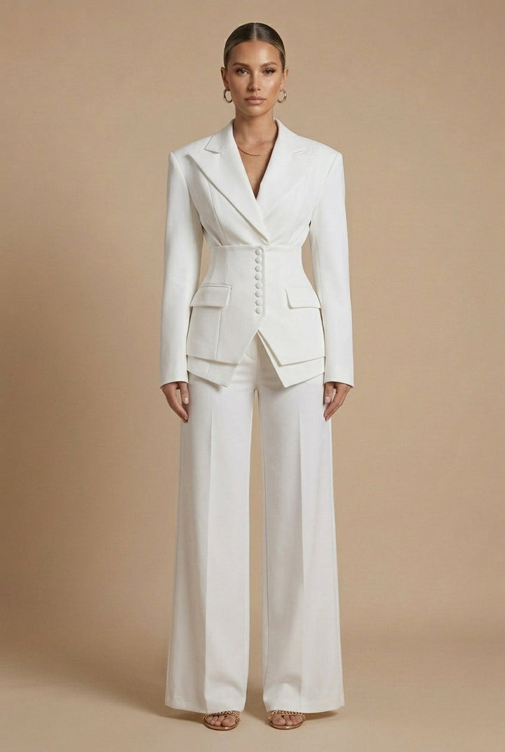 Classic women's tailored two-piece suit featuring a peaked lapel blazer and wide-leg trousers. Professional look.