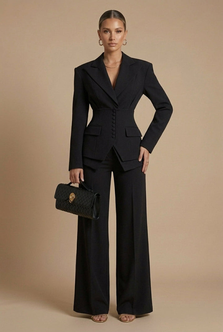 Women's formal wear: a tailored two-piece suit with a sharp peaked lapel blazer and comfortable wide-leg trousers.