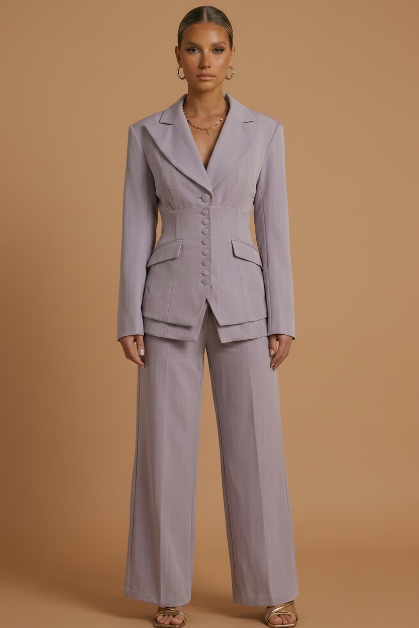 Versatile women's tailored suit. Peaked lapel blazer & wide-leg trousers for professional office fashion.