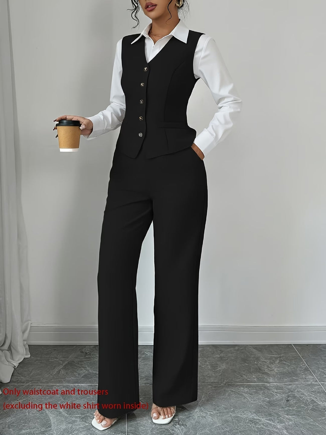 Women's single-breasted vest and high-waist trousers. Stylish two-piece set for elegant professional fashion.