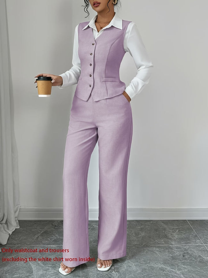 Professional women's elegant tailored set: single-breasted vest and high-waist trousers. Smart office fashion.