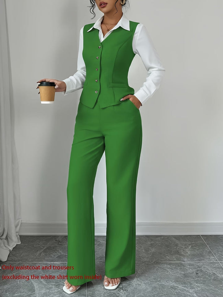 Modern women's high-waist trousers and elegant single-breasted vest set. Tailored two-piece for smart casual.