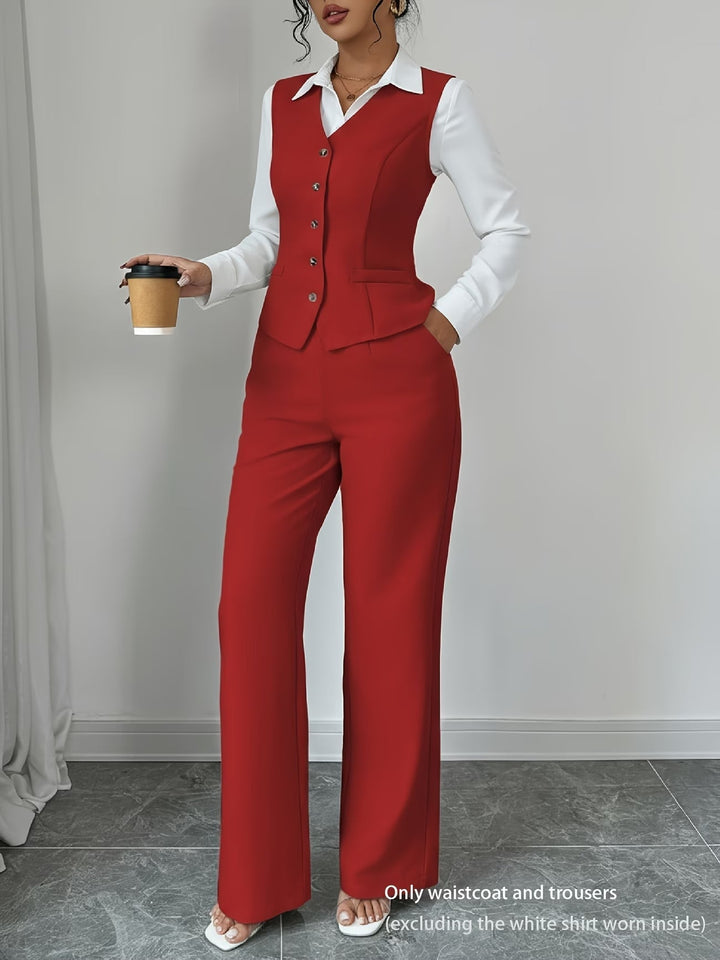 Chic women's vest & high-waist trousers two-piece set. Elegant, tailored fashion for professional or smart casual.