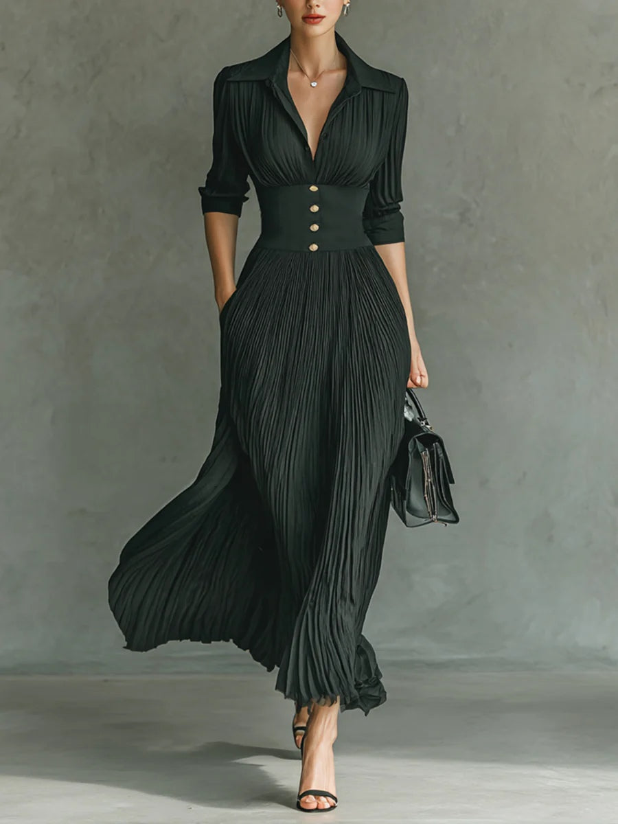 Elegant women's tailored waist maxi dress. Perfect for versatile day to night occasion wear, classic feminine style.