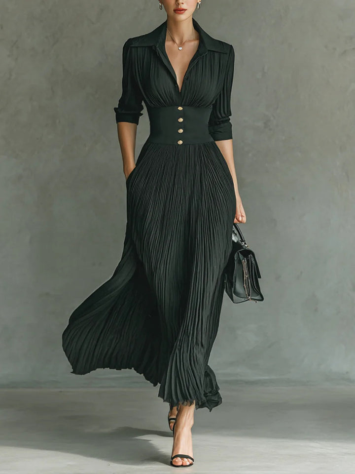 Elegant women's tailored waist maxi dress. Perfect for versatile day to night occasion wear, classic feminine style.