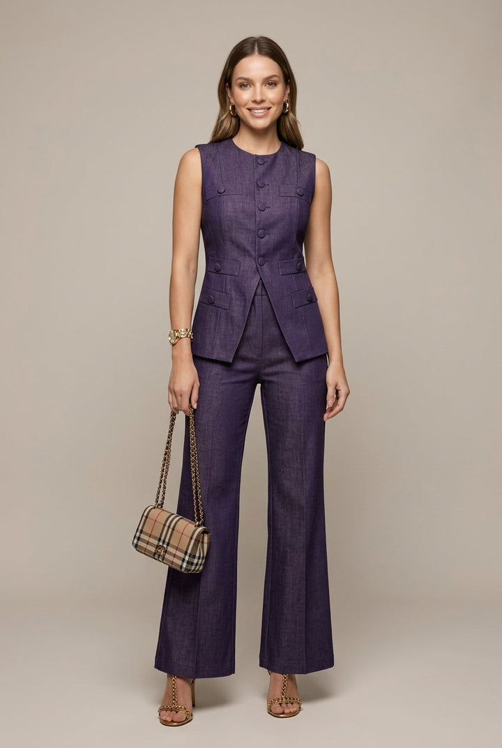 Elegant women's tailored waistcoat & wide leg trousers set for professional attire. Perfect two-piece outfit.