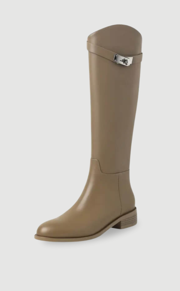 Taupe women's elegant riding boots, knee-high with sleek design & subtle metal accent. Comfortable autumn style.