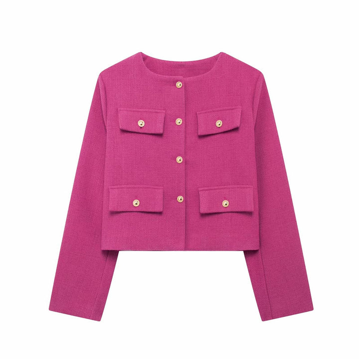 Women's versatile textured cropped button-up jacket, an elegant layering piece.