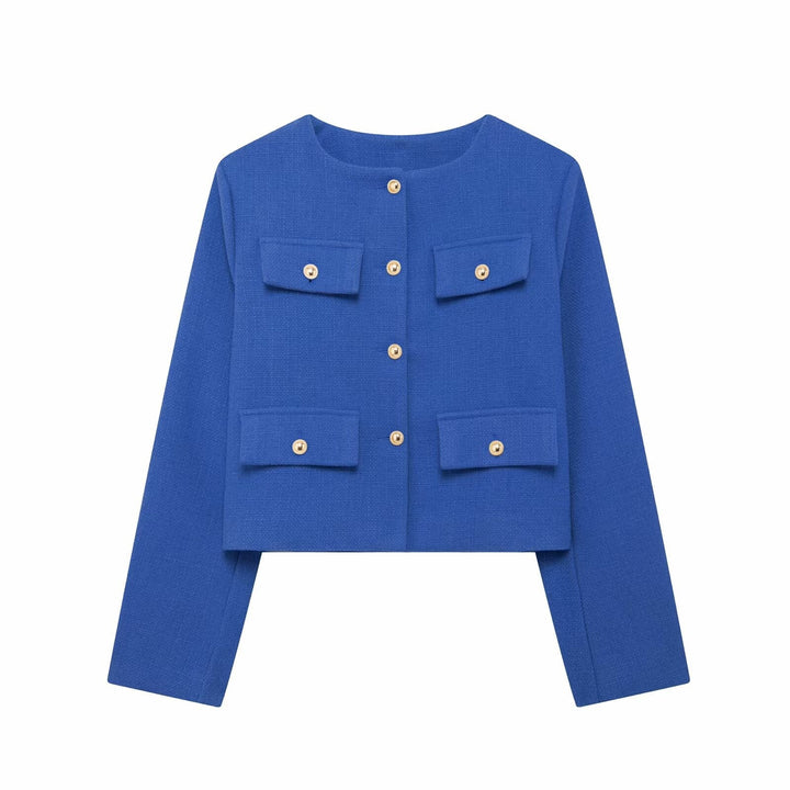 Elegant women's round neck textured cropped jacket, a chic button-up outerwear option.