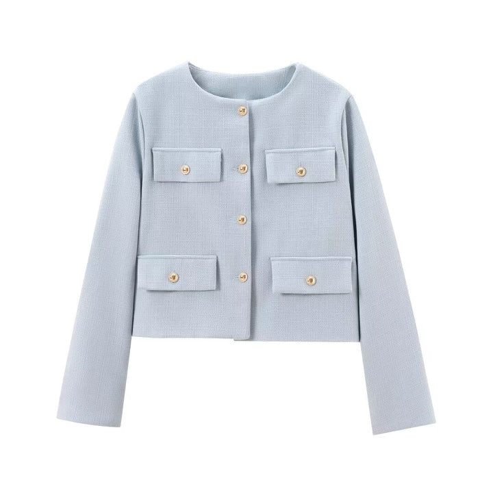 Fall/Spring women's cropped button-up jacket with elegant texture, a modern layering essential.