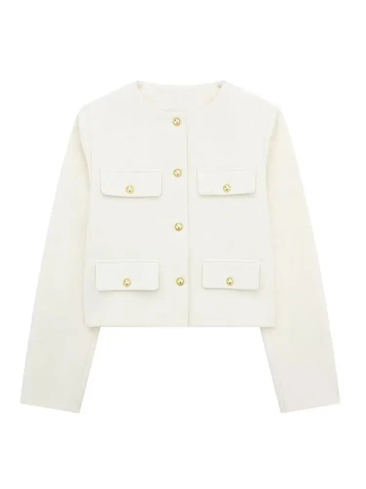 Back view of an elegant women's textured cropped jacket, highlighting its chic silhouette.