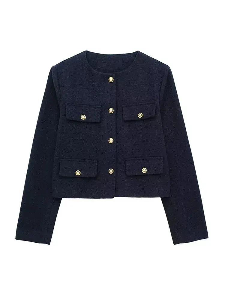 Black elegant textured cropped button-up jacket for women, a versatile layering piece.
